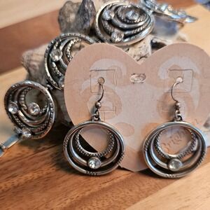 Brighton Silver Tone Crystal Concentric Circle Link Bracelet and Drop Earrings